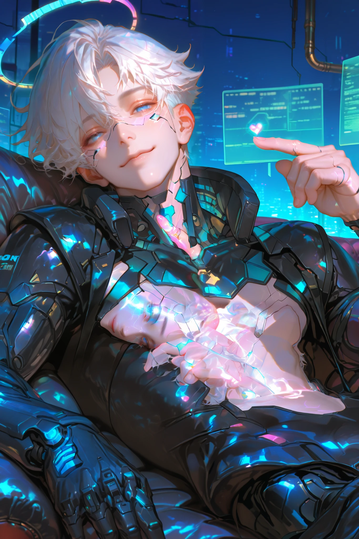 masterpiece, best quality, Detailed Eyes, boy, shortcut white hair, blue eye, semi realistic, toned, blue neon accessories, black cyber fullsuit, smile, solo charactor, cyberpunk background, hologram, hologram blue halo, looking at viewer, no nipple, lying on sofa, finger heart