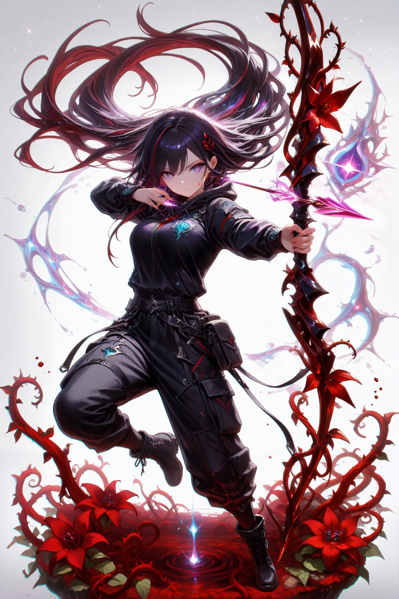 (masterpiece, best quality), amazing quality, very aesthetic, absurdres, newest, HDR, 8K, high detail RAW color art, gacha splash art, 1girl, purple eyes, multicolored eyes, black hair with pruple streaks, very long hair, medium breasts, long sleeves, black corsett, black cargo pants with side pockets, black boots, solo, dynamic pose, Bow and arrow, cool pose, ((red vines on weapon)), surreal, white background, blood, splattered bood, red lilies, magical, fantasy, magic, glittering, glow, chromatic aberration, glowing particles,, clear eyes, perfect eyes, perfect anatomy