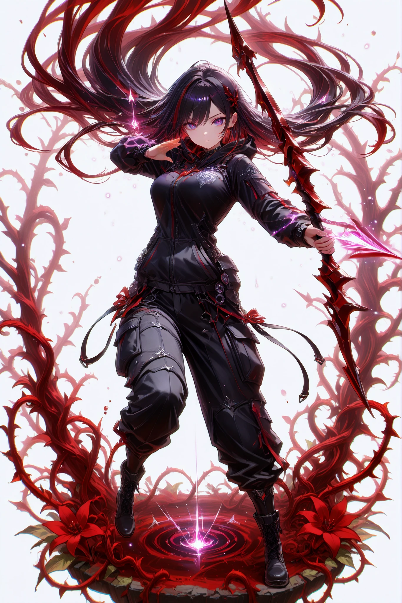 (masterpiece, best quality), amazing quality, very aesthetic, absurdres, newest, HDR, 8K, high detail RAW color art, gacha splash art, 1girl, purple eyes, multicolored eyes, black hair with pruple streaks, very long hair, medium breasts, long sleeves, black corsett, black cargo pants with side pockets, black boots, solo, dynamic pose, Bow and arrow, cool pose, ((red vines on weapon)), surreal, white background, blood, splattered bood, red lilies, magical, fantasy, magic, glittering, glow, chromatic aberration, glowing particles,, clear eyes, perfect eyes, perfect anatomy
