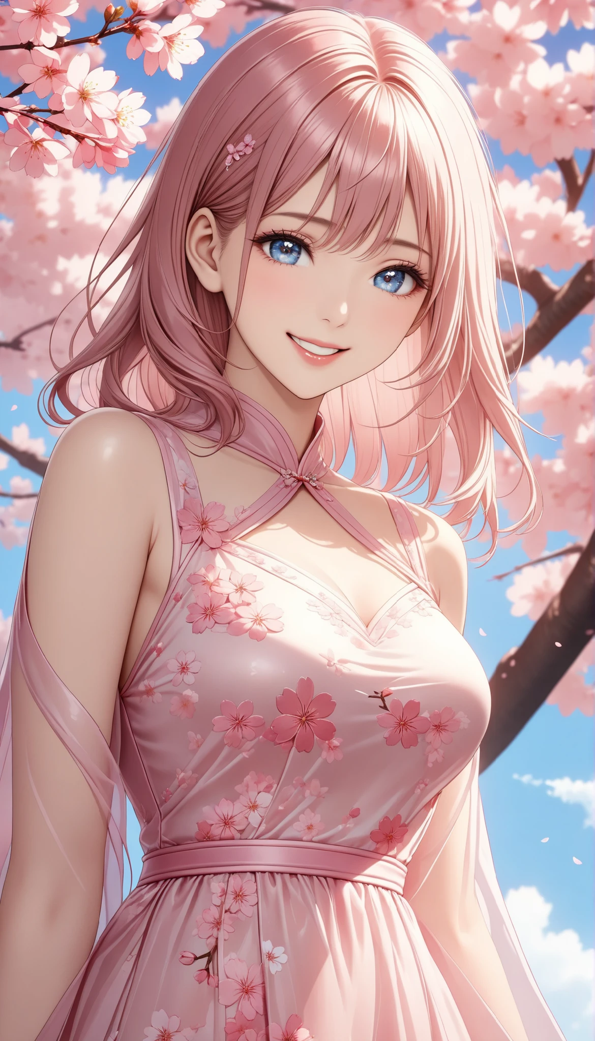 1 Beautiful Girl , Cherry Blossom Dressの女性, ( laugh, older), beautiful eyes, glossy lips , very detailed顔, long eyelashes, (standing, leaning against a cherry tree), face close-up, sexy, slender body, (Cherry blossom texture, Cherry Blossom Dress, Spring outfit, Sakura Costume, Cherry blossom pattern, elegant, Cherry blossom motif dress, cherry sheer tunic, see-through), under a cherry tree, (blue sky background, Cloudless sky), spring cherry blossom viewing background, (best quality:1.2,very detailed,CG illustration,masterpiece:1.2,best aesthetics),