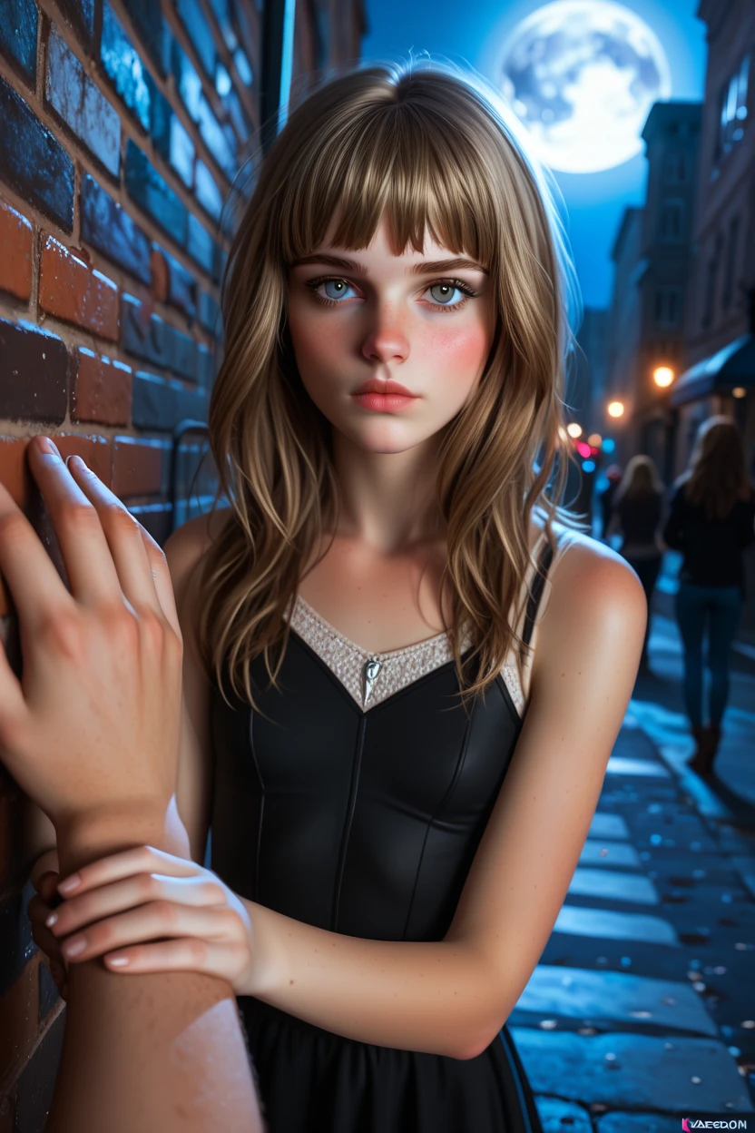 score_9, score_8_up, score_7_up, 1girl, (man's arm reaches towards girl), ((kabedon pov)), ((Caucasian)), western features, white girl, ((youth, slender body)), ((short girl), dark preppy fashion, bashful posture, blushing, shy expression, pouting, (long brown hair, straight brown hair, bangs), (brown eyes), ((textured bangs)), full lips, small breasts, (masterpiece, best quality), erotic, dark night, full moon, high contrast, leaning against a brick wall, urban alleyway with graffiti art, moody lighting with shadows
