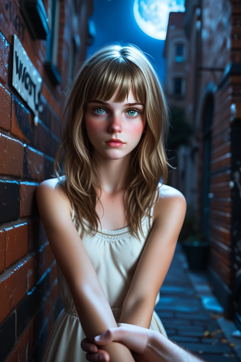 score_9, score_8_up, score_7_up, 1girl, (man's arm reaches towards girl), ((kabedon pov)), ((Caucasian)), western features, white girl, ((youth, slender body)), ((short girl), dark preppy fashion, bashful posture, blushing, shy expression, pouting, (long brown hair, straight brown hair, bangs), (brown eyes), ((textured bangs)), full lips, small breasts, (masterpiece, best quality), erotic, dark night, full moon, high contrast, leaning against a brick wall, urban alleyway with graffiti art, moody lighting with shadows
