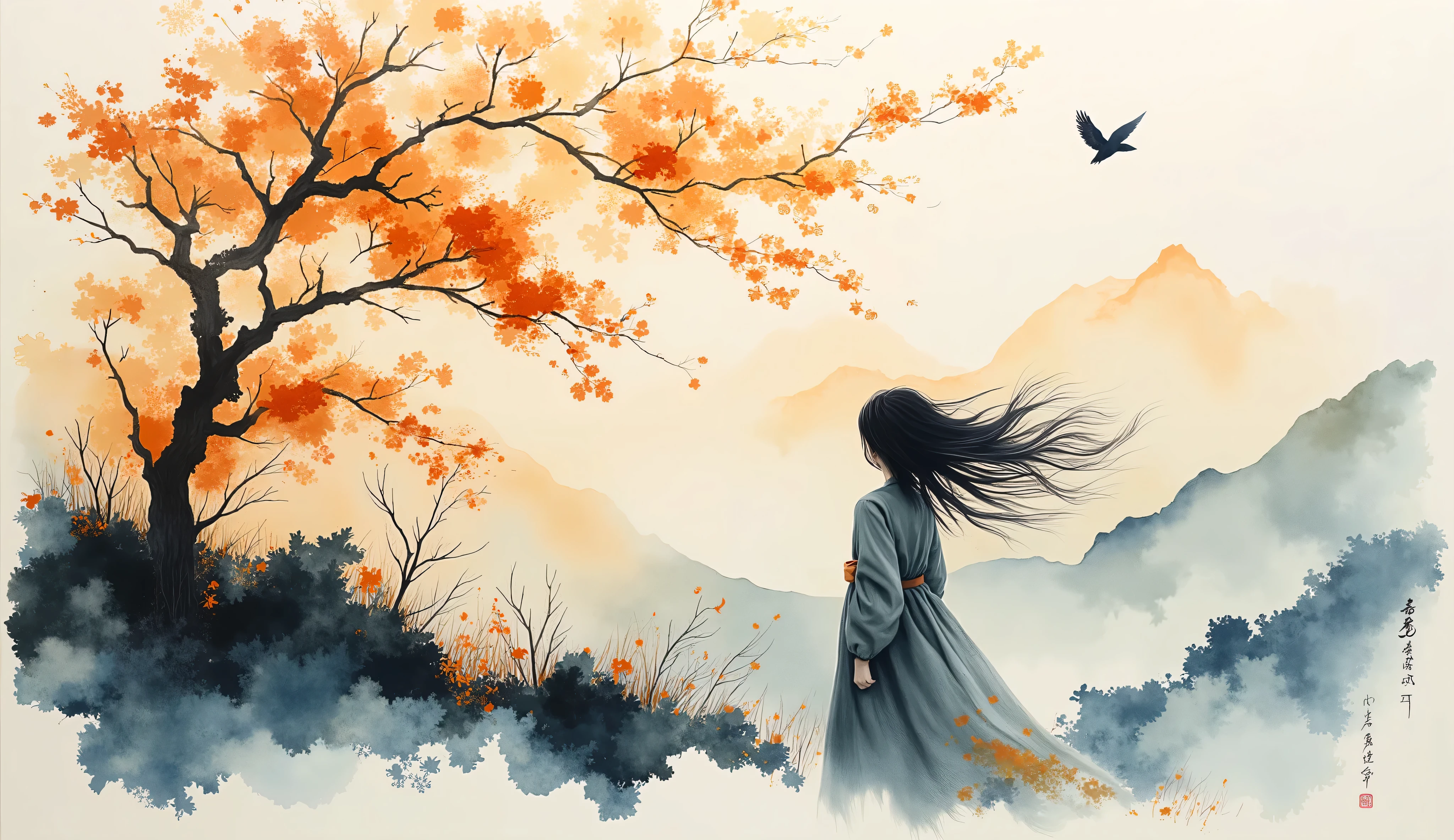 watercolor, atmosferic art, mountain, amber and indigos, tree, bird, a girl with her hair in the wind: studio quality, studio lighting, volumetric lighting, krenz cushart, feng zhu, takehito harada, long exposure, watercolor painting