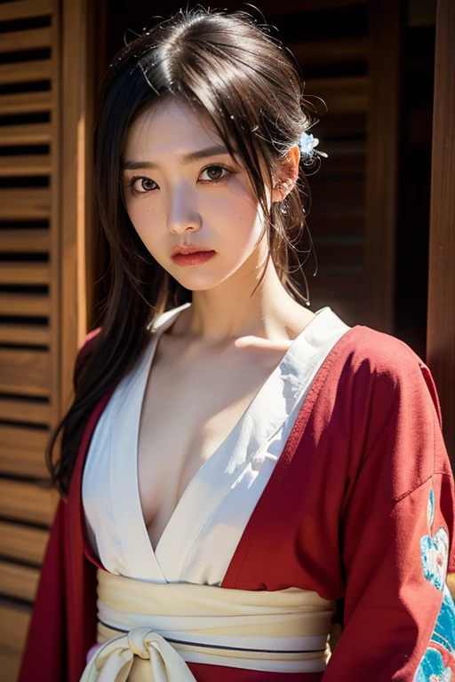 ((You are a beautiful woman.)), Fei Yu_robes, hips up, Bare-chested, Scenery of ancient Chinese houses, Evening, red mouth, High nose, big breasts, red cloth, Gold Embroidery, black embroidered gold, blonde hair, high ponytail, depth of field, สาวสวยกับdetailsที่สวยงาม, European face, ดวงตาและใบหน้าที่Very detailed，robesdetailsมาก, The resolution is incredibly ridiculous.， hugeFilesize， ไฮเปอร์details， High resolution， Very detailed， best quality， Masterpiece, The resolution is incredibly ridiculous., illustration， มีdetailsและสวยงามเป็นพิเศษ，official art, Very detailed， CG， unity， 8k wallpaper， Surprisingly， details， Masterpiece， Highest quality, วอลล์เปเปอร์ CG unity 8k ที่มีdetailsมาก（Perfect shiny skin：0.6）Best shots)), ((Masterpiece)), (details),