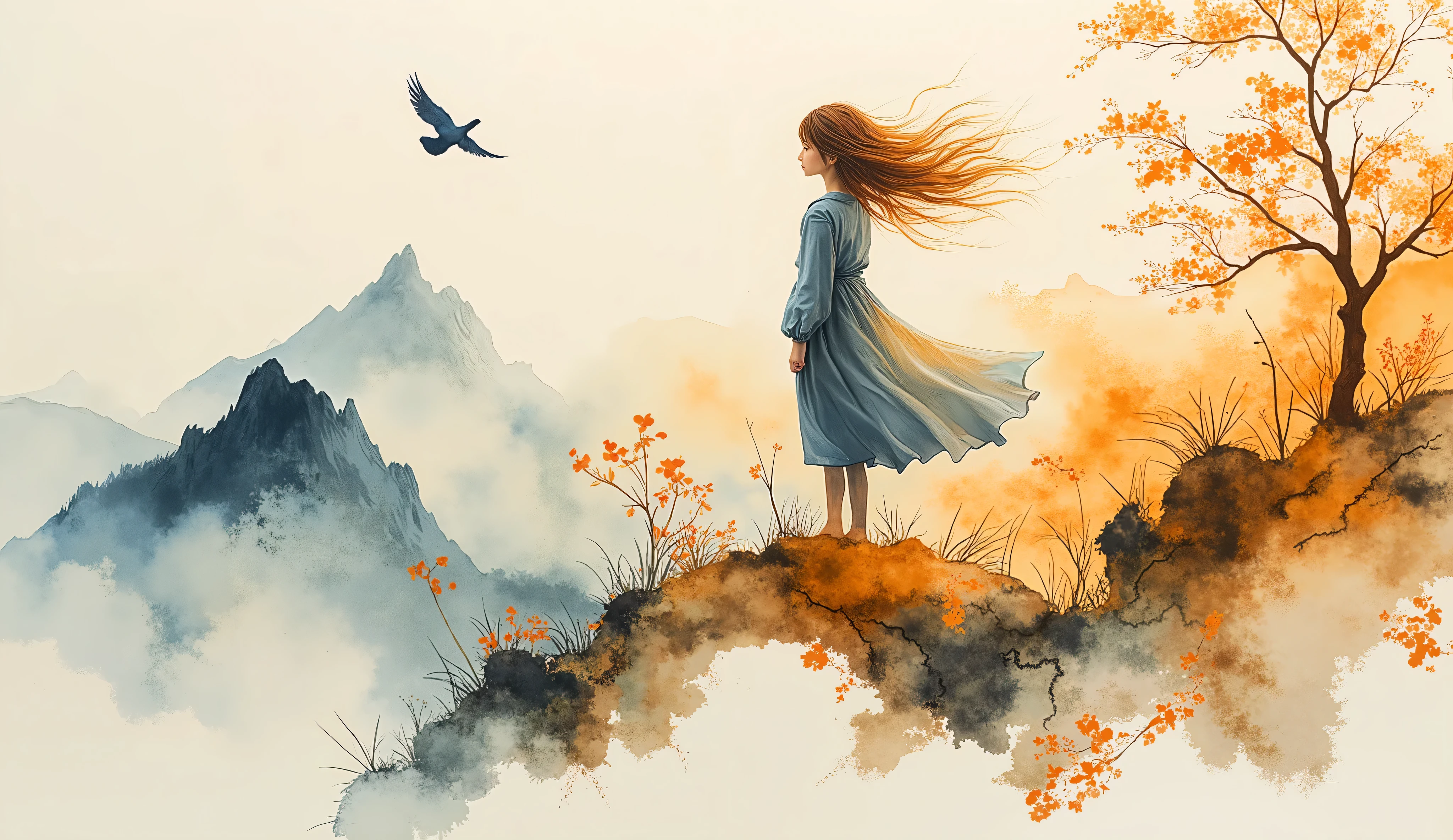 watercolor, atmosferic art, mountain, amber and indigos, tree, bird, a girl with her hair in the wind: studio quality, studio lighting, volumetric lighting, krenz cushart, feng zhu, takehito harada, long exposure, watercolor painting