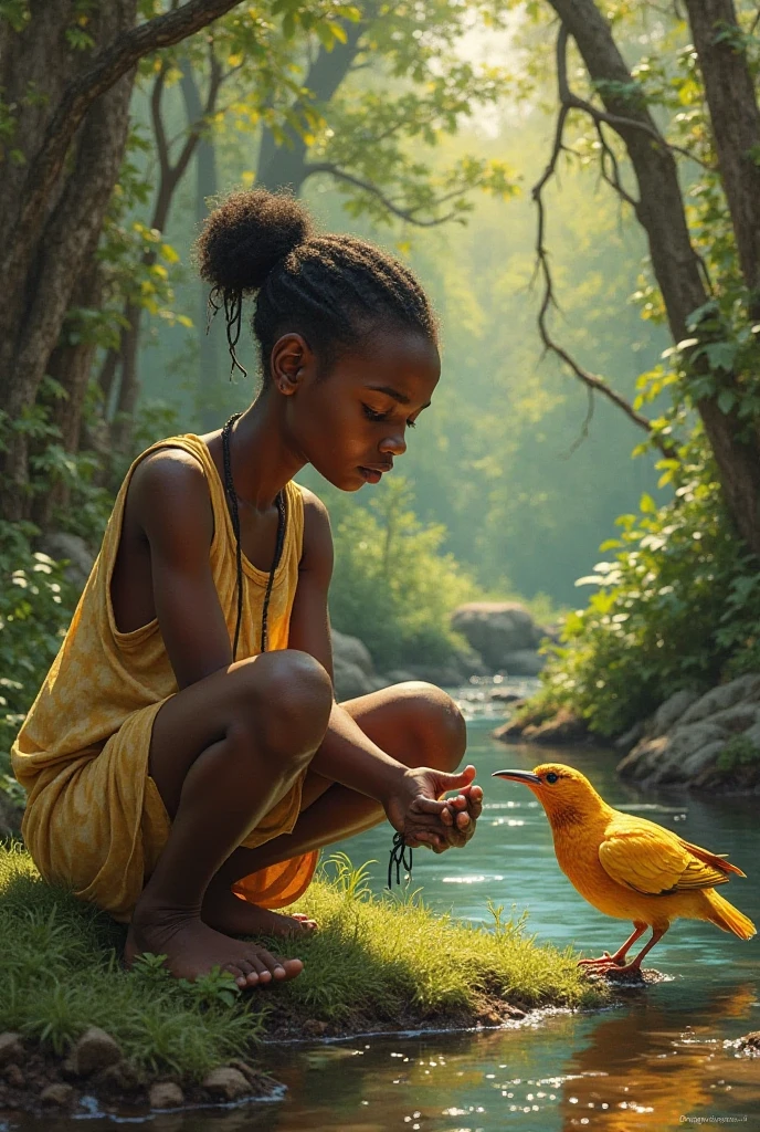 One sunny morning, Maria, a curious black girl, decided to explore the enchanted forest that surrounded her playground. As he walked through the trees, his eyes caught on something on the ground. With cautious steps, she moved and discovered a beautiful little bird with a broken wing. Moved with compassion, Mary took him and kept him and took him home to take care of him until he was cured.