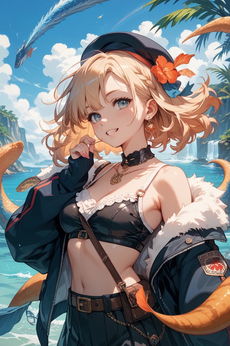 happy, she loves you, blue eyes, (small breasts), slender, sleeveless, head phone, (gold hair),  belt, young, shiny sky, outdoor 泳装 惊恐 big breast the huge breast