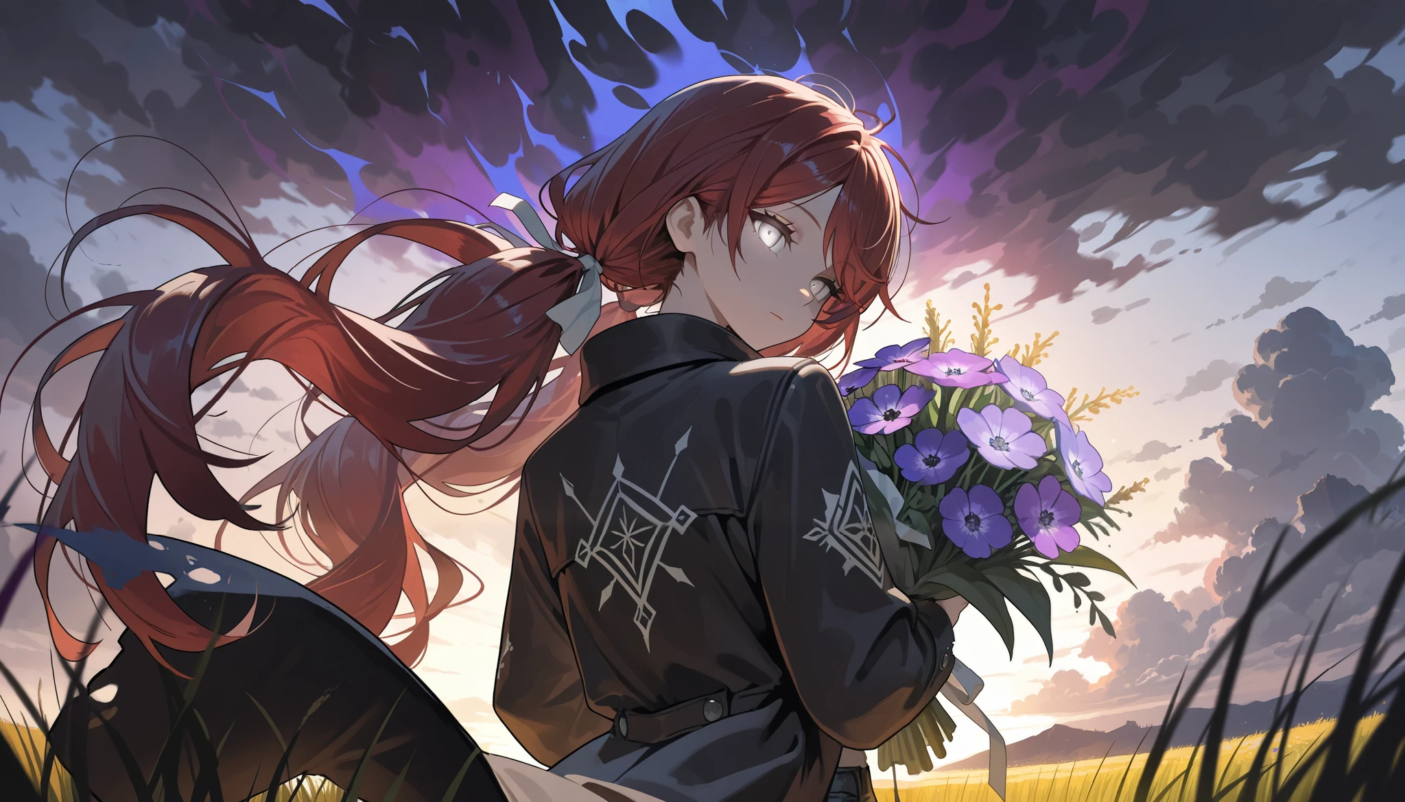 (masterpiece:1.2, Best Quality), (finely detailed beautiful eye: 1.2), (beautiful detailed face), (masterpiece:1.2, Best Quality), (finely detailed beautiful eye: 1.2), (beautiful detailed face),from above, from behind, looking out to sea, storm clouds, dark aura, dark energy, bristly hair, glowing eyes, dark aura, shadowy aura, upper body, thin girl, holding bouquet of purple flowers, expressionless, :l, Gray eyes, lifeless eyes, head tilt, dark red hair, swept bangs, low twin tails, white ribbons, black coat, torn coat, black jeans, black nails, thin thighs, thin legs, field of colorful flowers , tall grass, atop cliff, close up, messy hair, stoic, shadowy aura, dusk, few stars, solo,