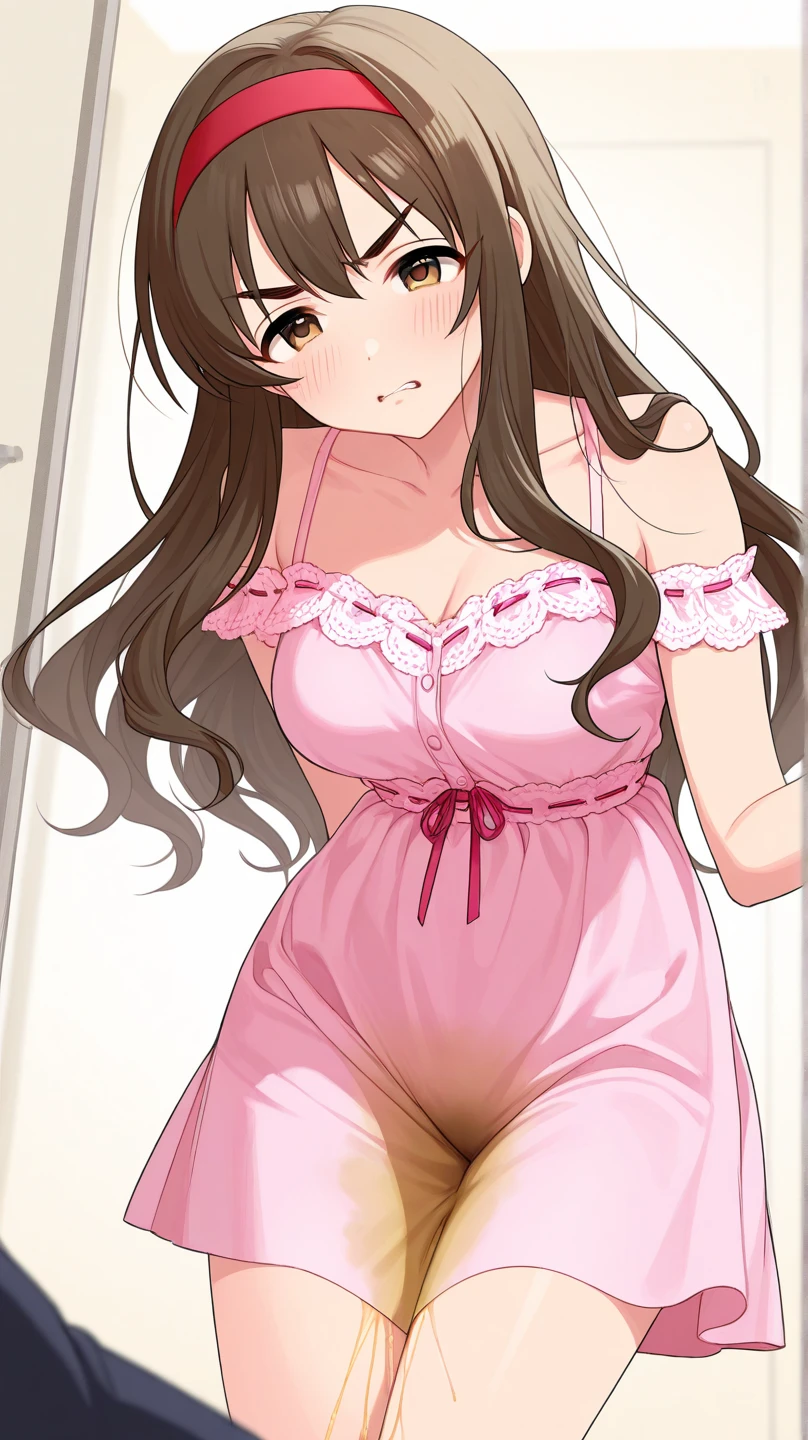 1girl, loli, cute daughter, happy, long hair, cute pink mini dress, upskirt, vagina spread cameltoe, (white panties side tie), white background