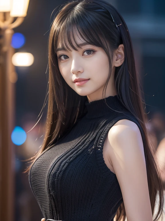 超A high resolution,masutepiece,Best Quality, ,perfect glossy shiny skins,Perfect Lighting,Detailed Lighting,Dramatic shadows,Ray tracing, 1girl in,Upper body,wet black virgin sweater, Looking at Viewer, off shoulders, Big breasts, Exposed cleavage, Blue eyes, Sharp face, Sharp eyes,  small nose with a straight nose,,、Cyberpunk