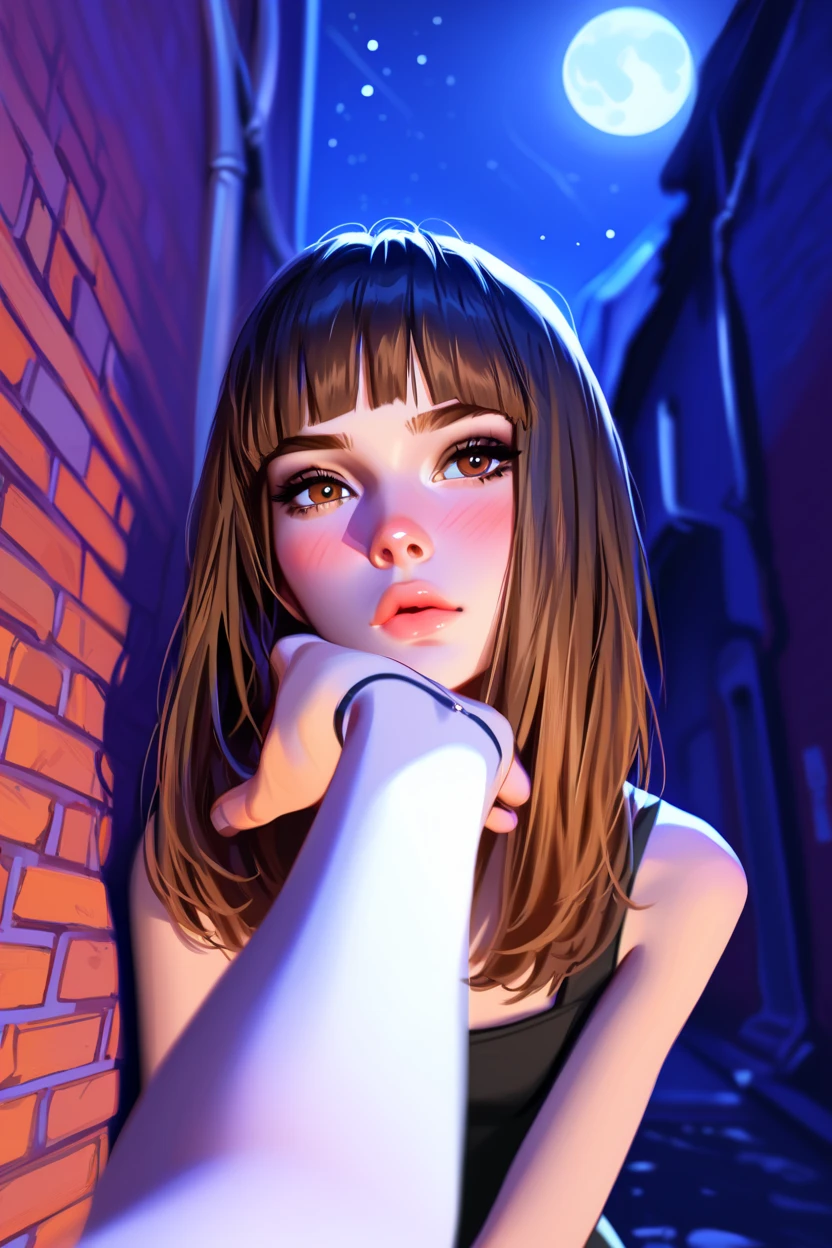 score_9, score_8_up, score_7_up, 1girl, (man's arm reaches towards girl), ((kabedon pov)), ((Caucasian)), western features, white girl, ((youth, slender body)), ((short girl), dark preppy fashion, bashful posture, blushing, shy expression, pouting, (long brown hair, straight brown hair, bangs), (brown eyes), ((textured bangs)), full lips, small breasts, (masterpiece, best quality), erotic, dark night, full moon, high contrast, leaning against a brick wall, urban alleyway with graffiti art, moody lighting with shadows
