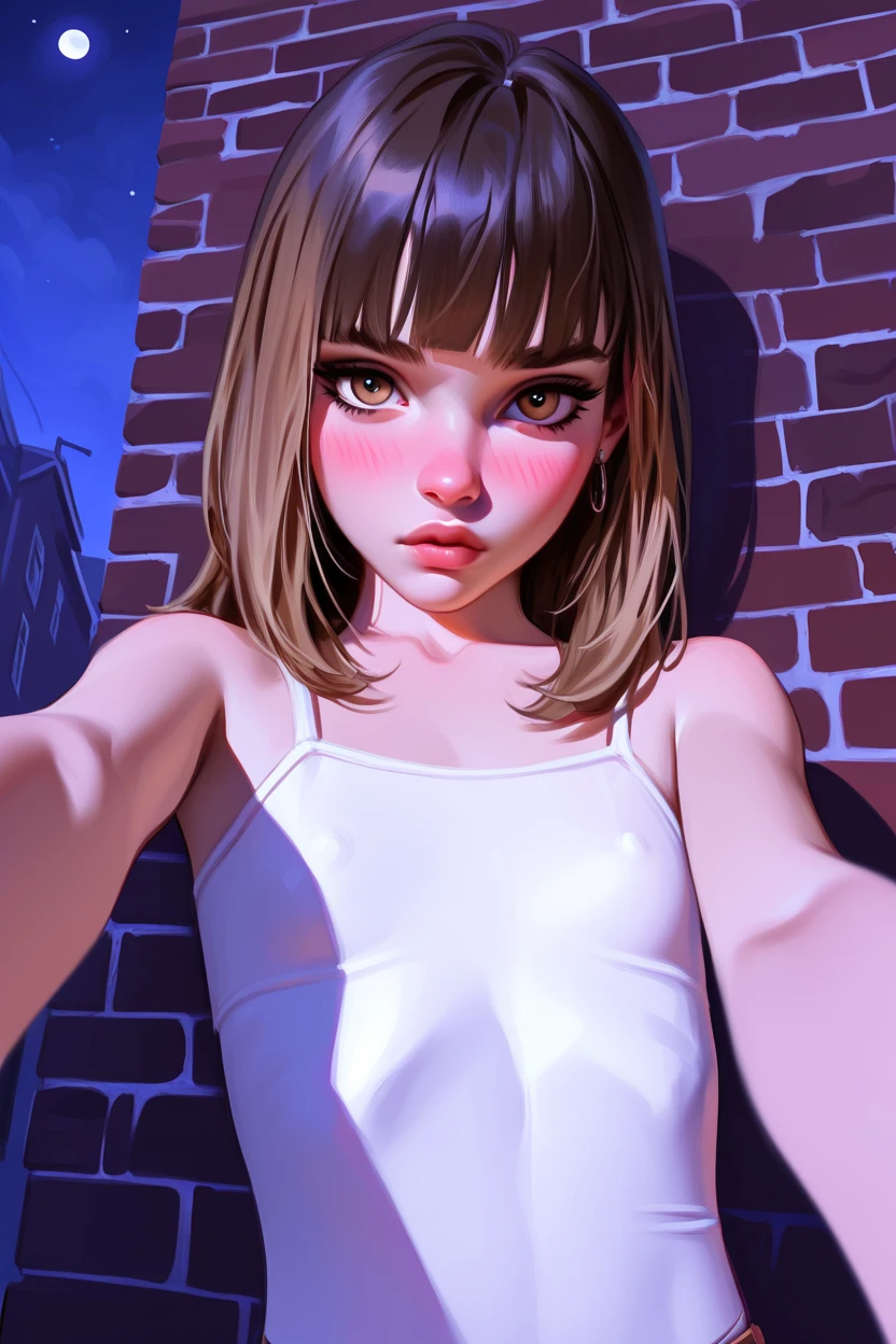 score_9, score_8_up, score_7_up, 1girl, (man's arm reaches towards girl), ((kabedon pov)), ((Caucasian)), western features, white girl, ((youth, slender body)), ((short girl), dark preppy fashion, bashful posture, blushing, shy expression, pouting, (long brown hair, straight brown hair, bangs), (brown eyes), ((textured bangs)), full lips, small breasts, (masterpiece, best quality), erotic, dark night, full moon, high contrast, leaning against a brick wall, urban alleyway with graffiti art, moody lighting with shadows
