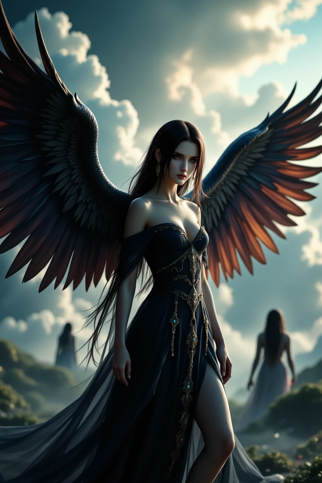 fantasy art, RPG art [[a picture of 2 women]],  a female angel (Masterpiece, 1.3, intricate details), wearing dress, pale skin, best details beautiful face (Masterpiece, 1.3, intricate details), blond hair, long hair wavy hair (Masterpiece, 1.3, intricate details), blue eyes, high heeled boots, wearing a dress (Masterpiece: 1.3, intricate details), large angelic wings, white angel_wings spread [AND] a female demon (Masterpiece, 1.3, intricate details), demon, red skin (Masterpiece, 1.3, intricate details), demon_wings, black demonic wings spread, demonic horns (Masterpiece, 1.3), red skin (Masterpiece, 1.3), black hair, red eyes, best details beautiful face (Masterpiece, 1.3, intricate details), wearing a dress (Masterpiece: 1.3, intricate details), high heels, in the border between heaven and hell, moon, stars, clouds, god rays, soft natural light silhouette, dynamic angle, photorealism, panoramic view (Masterpiece 1.3, intense details) , Wide-Angle, Ultra-Wide