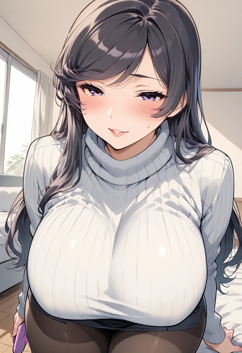 (highest quality、high detail:1.1、Very attractive adult beauty、Adds intense highlights to the eyes、Beautiful woman full of adult charm、perfect anatomy、I hear a silver voice、long hair、shiny hair、fluorescent color lip gloss),1 girl, alone, realistic、Please tilt your head slightly, short and shiny hair、 knit sweater、Big eyes、eyelash、face is a little red、embarrassing)、Big eyes、Give students very powerful highlights、(huge breasts:1.4}、very big breasts、very beautiful beauty、please show me your ears、long neck、smile a little、beautiful teeth、open your mouth and smile、heart shaped eyes))、28 years old、very cute super model、standing pose、Sexy Poses、one's home、Man's room、