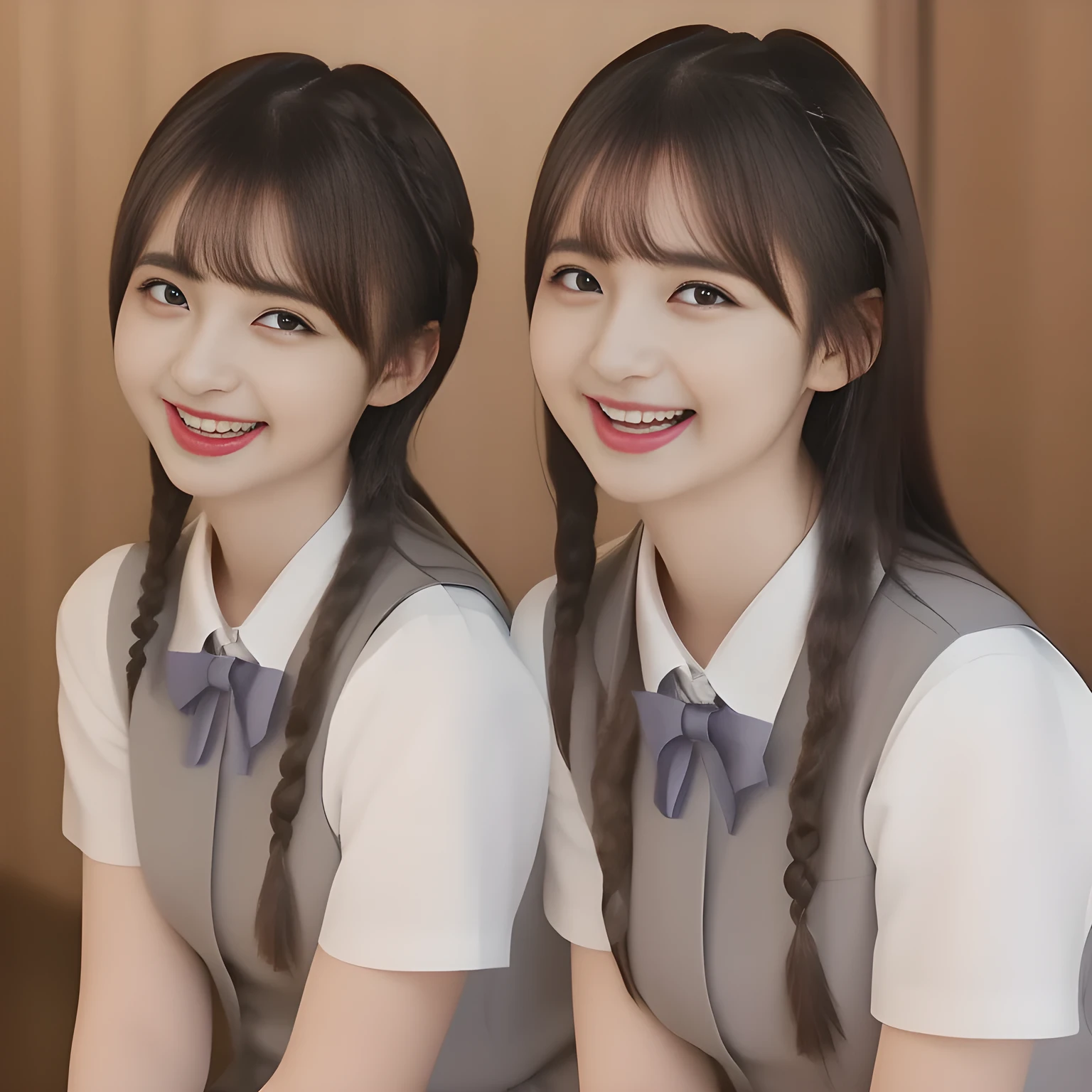 (highest quality, masterpiece, high resolution:1.2), 4K, (Photo quality detailed foreground: 1.2), geometry, (Two neat noble beautiful slender girl, girly very-long-braids-hair too beautiful photo model are seated, looking up the viewer like praying, squeezing and (drinking the viewer), and (giving contempt laughter at the viewer) with her too beautiful eyes like laughing fashion model: 1.7), (Using expensive face-whitening cosmetics to make her skin more beautiful and pure by professional makeup artist: 1.5), ((Light-Gray) Japanese school girly vest Uniform with neat girly light-yellow short-sleeves school blouse, puffed short sleeves: 1.2), (white socks and school loafers: 1.5), (Dark blue glossy glossy school ribbon on the breast: 1.0), (Extremely laughing cheeks: 1.8), (Beautiful light-amber large clear open eyes with balanced and detailed cutely: 1.4), (double eyelids: 1.0), (highly curled bangs: 1.2), (Glossy lips: 1.0), (too long very neat braids hair: 1.7), (white and clear skin: 1.0)