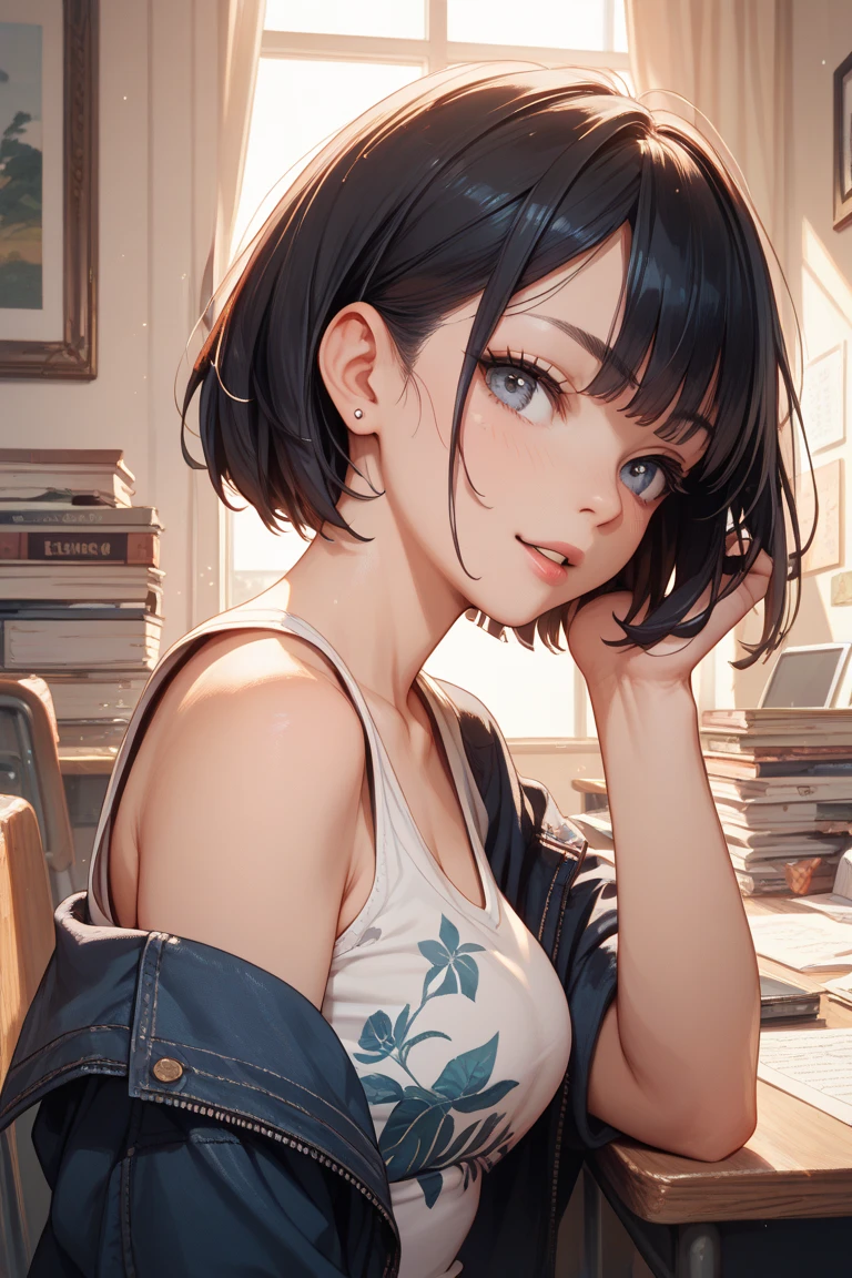 the masterpiece, Best quality at its best,((Background with:Inside the room),1 girl with very large breasts,short black pixie hair,White T-shirt, blue denim shorts,lying on the ground,holding a pencil, write on a piece of paper,Realism style,
