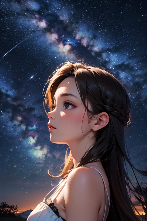 teens girl,Long flowing hair,slanted bangs,snow mountains,Star Orbit,Look up,A half body,tmasterpiece,k hd,