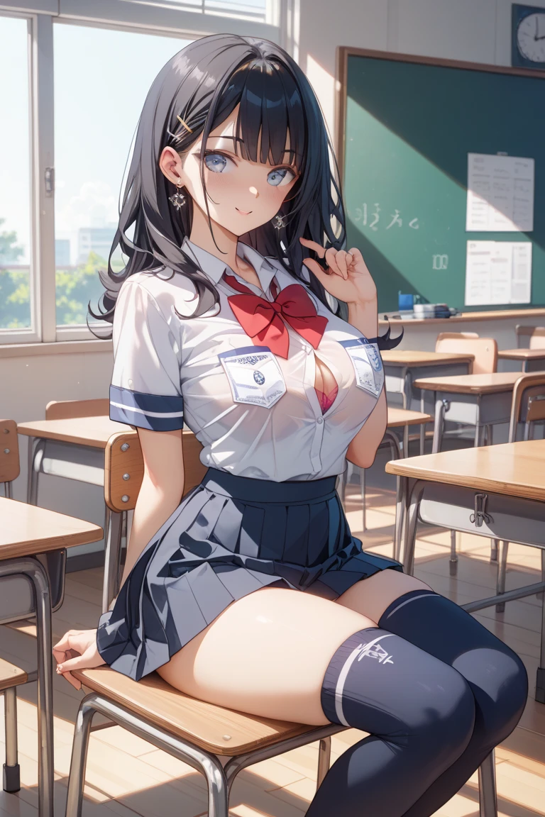 Beautiful attention to detail, Beautiful lip detail, Very detailed目と顔, Long eyelashes, 1 girl, Face close-up, inside the School, In the classroom, 18-year-old, Sweat, Dark skin, (Black Curly Long Hair),dissatisfaction, Sulky, Sailor suit, Dark Blue, White shirt, Short sleeve, School, Dark Blue Skirt, Black Skirt, Knee-high socks, sneakers, School bag, Highest quality, 4K, 8k, High resolution, masterpiece:1.2, Very detailed, Realistic, photoRealistic, photo-Realistic:1.37, High resolution, 超High resolution, Studio Lighting, Ultra-fine painting, Sharp focus, Physically Based Rendering, Very detailed説明, Professional, Vibrant colors, Bokeh, Portraiture
