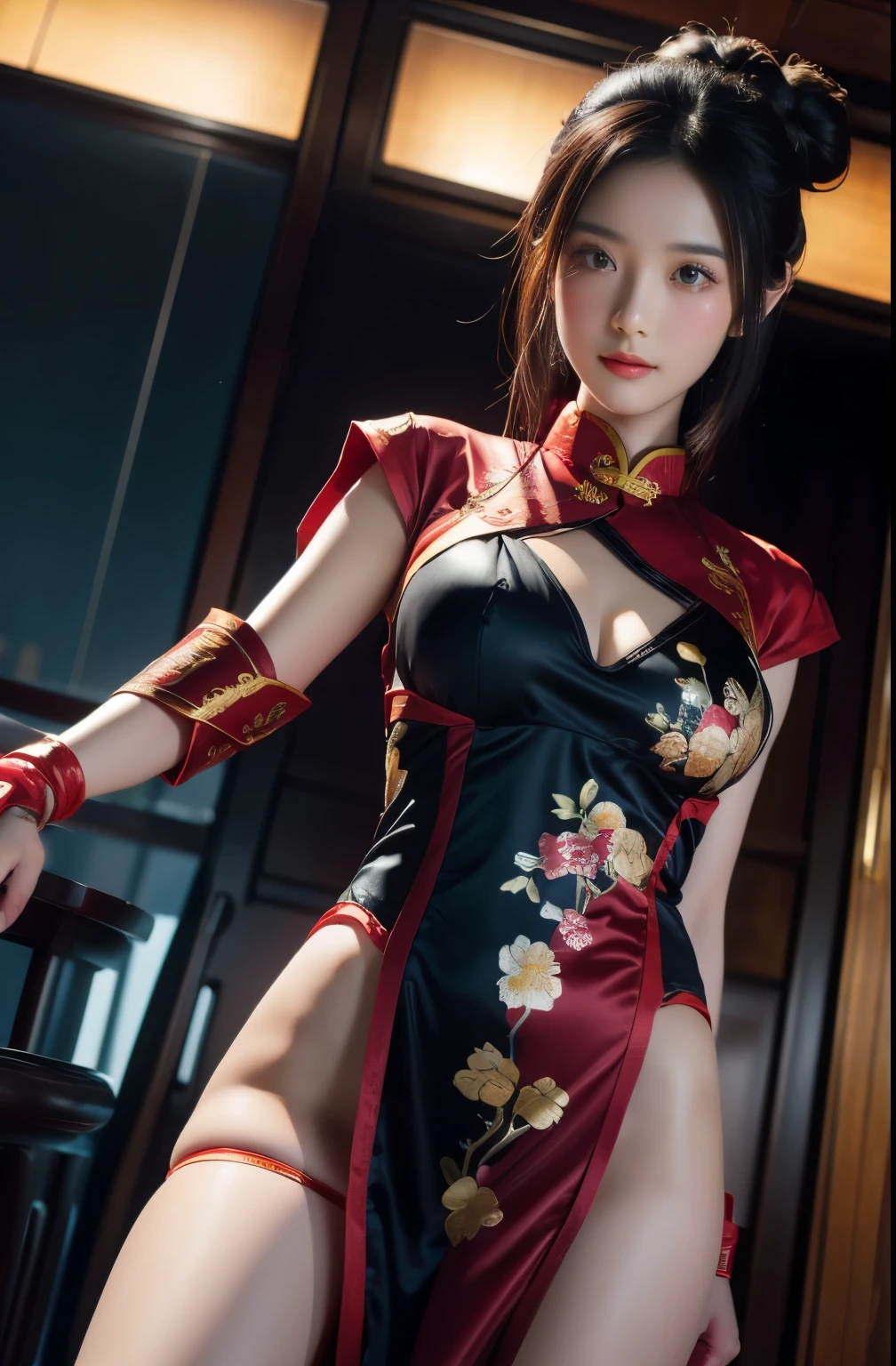 photorealistic, high resolution, soft lights, 1women, solo, hips up, look at viewer, (detailed face), red eyes, white hair, long hair, detailed eyes, ch'en \(arknights\), red eyes, solo, chinese dress, red cheongsam, realistic, makeup