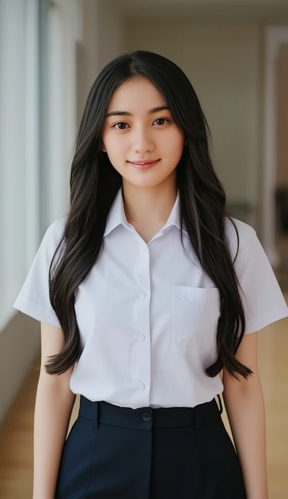 High resolution, Super detailed, 26 years old, Japanese, 1 female, Long Black Hair, Showing his forehead, Small eyes, OL, A little smile, Programmer, White shirt long sleeve, I'm not wearing a tie, All the buttons on his white shirt are fastened, including the first button, clear, Not a beautiful face, A clean-cut woman, Her breasts are small, No makeup, I work in programming, Being talked to at work, Social worker 1 year, Sitting in the office, Working in the office