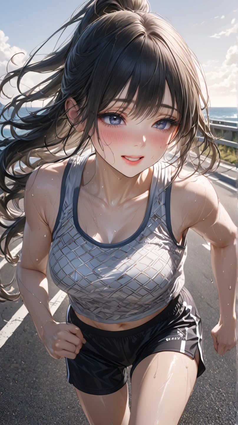 realistic, 1girl, ponytail, parted lips, blush, makeup, light smile, black hair, sportswear, skirt, wet clothes, glow, thighs, purple eye, bare shoulders, collarbone, narrow waist, sunbeam, sunlight, rose, wind, cleavage, (masterpiece), sweat,