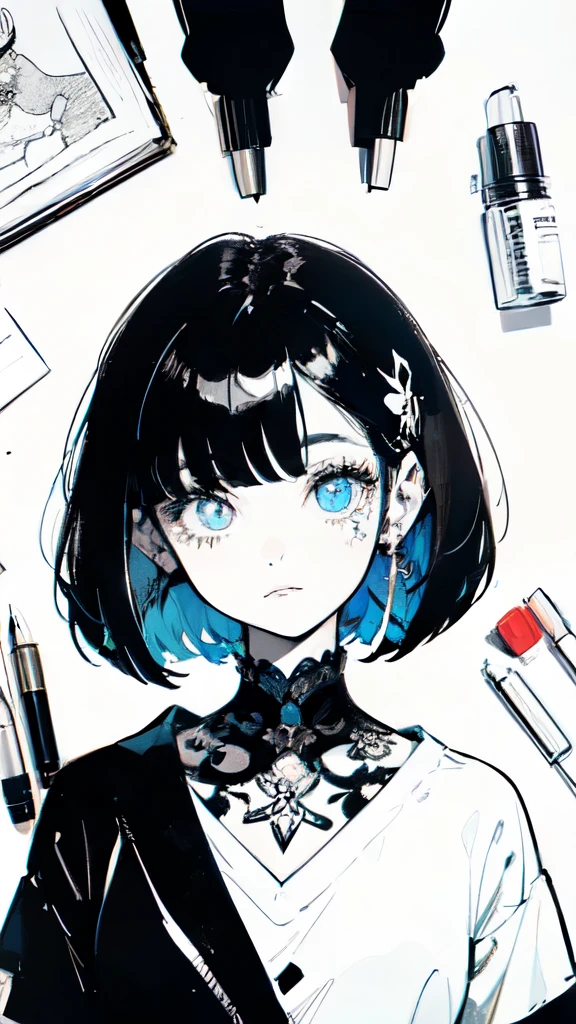 Beardsley Style, ink art, Pen and ink, (best quality,masterpiece:1.2),(black and white cartoon core :1.1),(Extremely High Contrast),Dark Ink, 1 beautiful girl, sidemap, schools_, Bob_ cut_hair, 前hair, very_beautiful_face, very_beautiful_eye, flat_eye