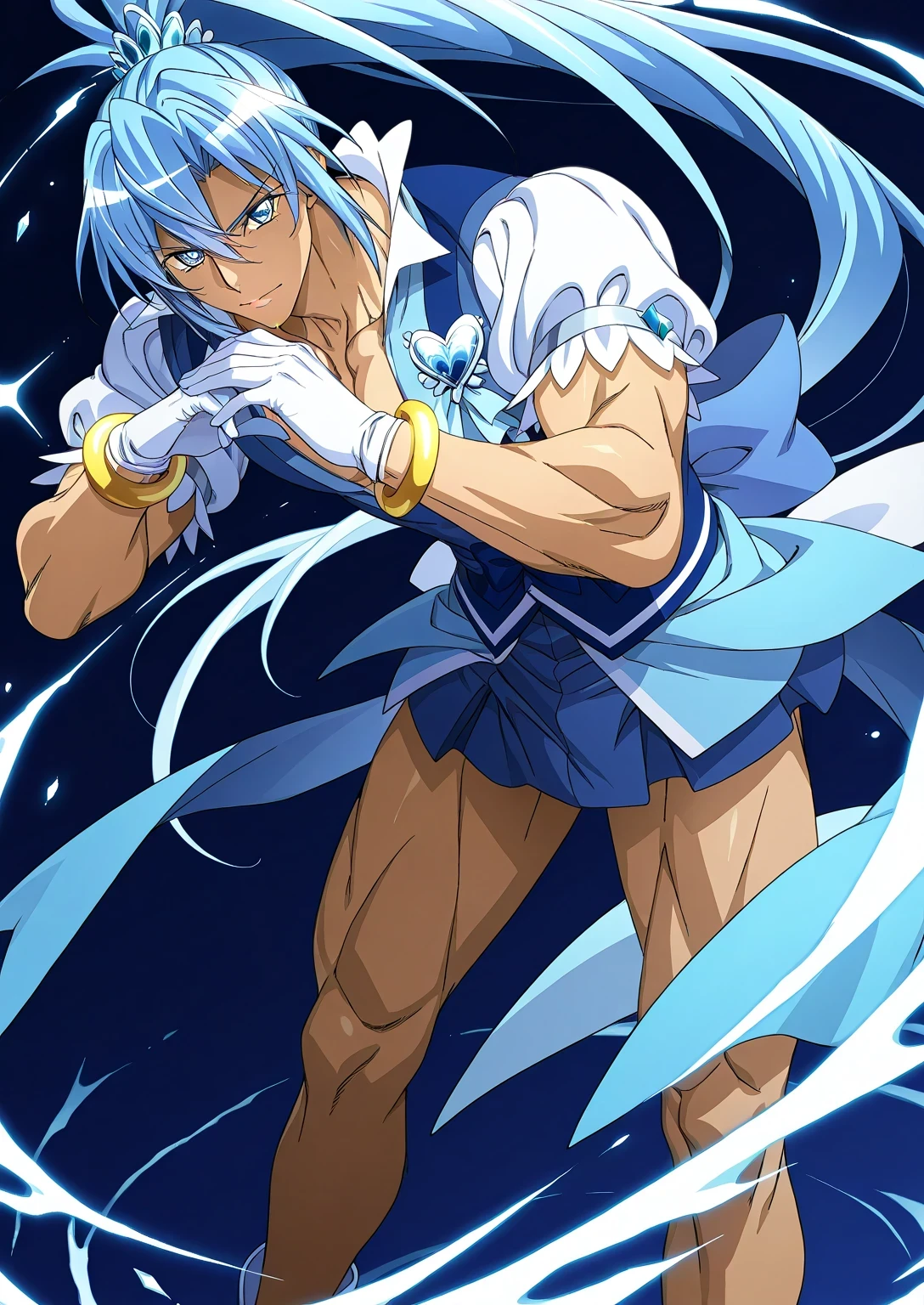 score 9 、score 8 up、score 7 up、source anime、masterpiece、best quality、high resolution、anime coloring、1boy 、cure diamond、(male:1.6)、Close up of a blue-haired boy cartoon character、high long ponytail hair、dia shape hair ornament、Alone、portrait of Magic Boy、Boy in a blue dress、isolated、Long Legged 、Heavenly Aura、Ice Aura、blue miniskirt、white puffy sleeves、white gloves、yellow bracelet 、blue waist bow、Bare legs、bare thighs、white high heels、 Symphogear Flavor 、Boy with long blue hair、 Prince of Sapphire 、official character art、style of Magic Boy、masculinization、Magic Boy、 Anime Boy 、official art、high resolution、perfect outfit、sparkling Magic Boy、(manly:1.6)、 With Shining Blue Eyes 、perfect body、perfect hands、perfect arms、perfect legs、 male focus、looking at viewer、Alone focus、Cowboy Shots、(male body:1.6)、beefcake style、blue background、