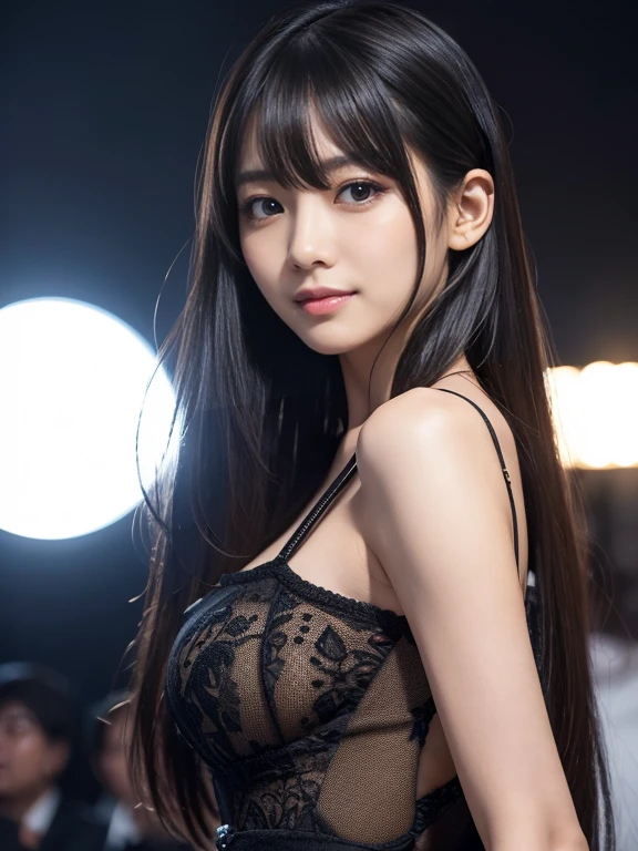 masterpiece, best quality, ultra-detailed, intricately detailed hyperdetailed, realistic, sharp features, highly detailed, sharp focus, Japanese idol, perfect face, perfect symmetrically perfect eyes, perfect full lips, flexible female form, cinematic, neon light, Shadow, hyper detailed, hyper realistic, high resolution, vibrant, dynamic lighting, background, (long hair, straight Bangs), brown Eyes, black blouse, Portraiture,