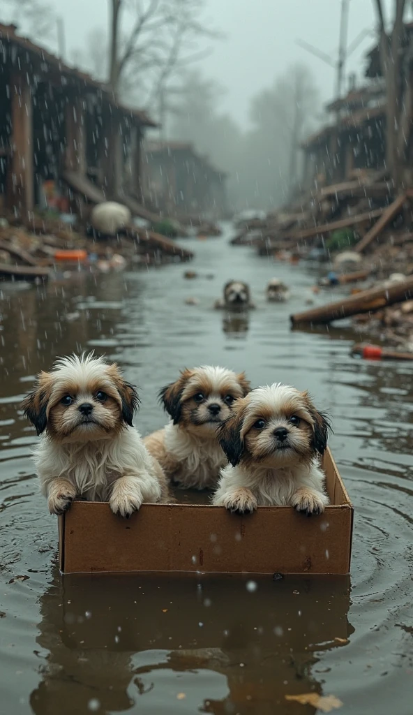 The flooded village and children were crying on boats wearing life jackets and carrying dogs on their laps. The composition is clear and realistic behind it. There are villages where the water color is brown and the rain is clear. High Profile 150k