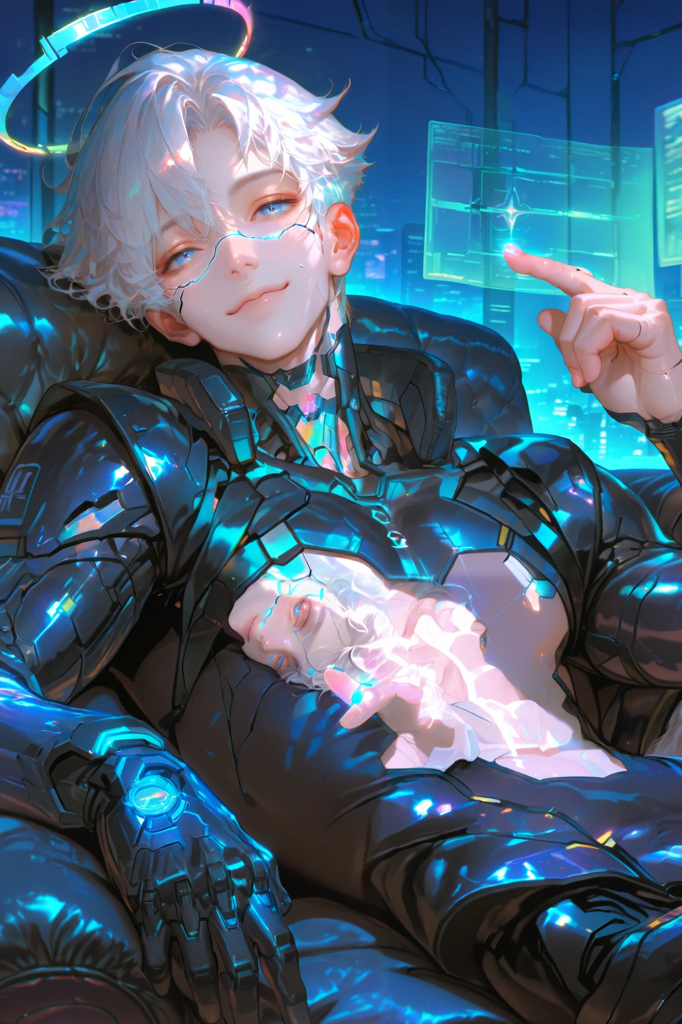 masterpiece, best quality, Detailed Eyes, boy, shortcut white hair, blue eye, semi realistic, toned, blue neon accessories, black cyber fullsuit, smile, solo charactor, cyberpunk background, hologram, hologram blue halo, looking at viewer, no nipple, lying on sofa, finger heart