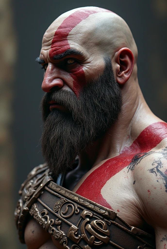 "kratos, main character of God of War, with their original swords, Blades of Chaos, generated with Unreal Engine 5.1, Rendered by Nvidia RTX GeForce 4090 and Processed by Intel Core i9-13900K. The armor is dark and worn, with leather and metal details. The swords are identical to the originals, with its distinctive design and serrated edge. La cara de kratos es igual a la oficial, with a serious and determined expression. The eyes are blue and penetrating. he is bald, with a completely shaved head. The lighting is dramatic, with deep shadows and intense lights. The background is blurry, with a landscape of mountains and cloudy sky. The image is hyperrealistic, with extremely precise details and realistic textures. The look is cinematic, with a focus on action and character intensity." 