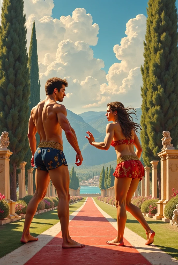a muscular brown guy falling off a cliff where he is holding a dumbell with one hand and is holding a beautiful white girls hand with his other hand and there is a guy from behind pulling this girl. and on the side of the cliff there are two fat black women eating sandwiches and in the corner is a skinny curly haired witch with an arched back standing.