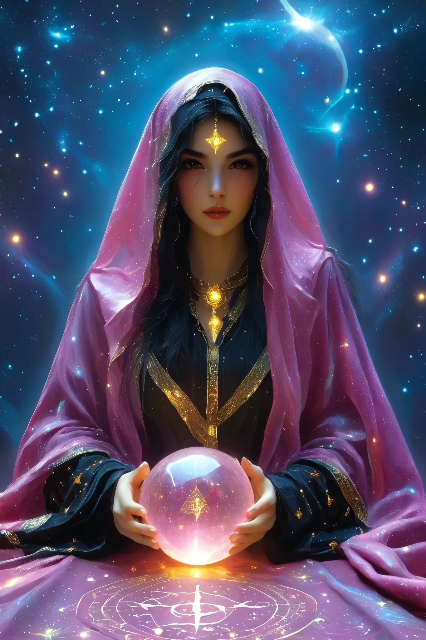 Magnificent, A pink robed astrologer sits quietly at a table covered with symbols,Holding a crystal star ball in hand,sits on the Zodiac table cloth,glowing colorful zodiac, There is arabic text at the bottom of the card, fit snugly on face, Tarot, Very high texture quality, Front and sides, Full of mysterious magic, the Front and sides are on the card, The overall color is dark black and bright gold, Reflective shiny gold, Ultra-detailed face, Ultra-fine clothing texture, Ultra Detailed,glowing golden aura background