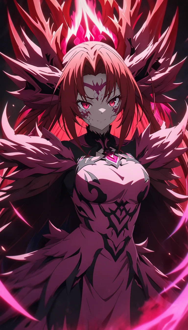 a close up of a woman with red hair and a pink outfit, the queen of blades, demon anime girl, advanced digital anime art ”, badass anime 8 k, anime epic artwork, anime monster girl, advanced digital anime art, emitting evil red aura, best anime 4k konachan wallpaper, 4 k manga wallpaper, infernal nymph!!!