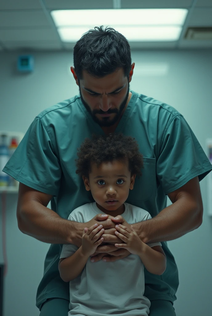 a muslim doctor holding a crying child in a poor hospital room, beautiful detailed eyes, beautiful detailed lips, extremely detailed eyes and face, long eyelashes, sad expression, poor hospital room interior, warm lighting, realistic, cinamatic muted colors, highly detailed, photorealistic, 8k, masterpiece, cinematic lighting