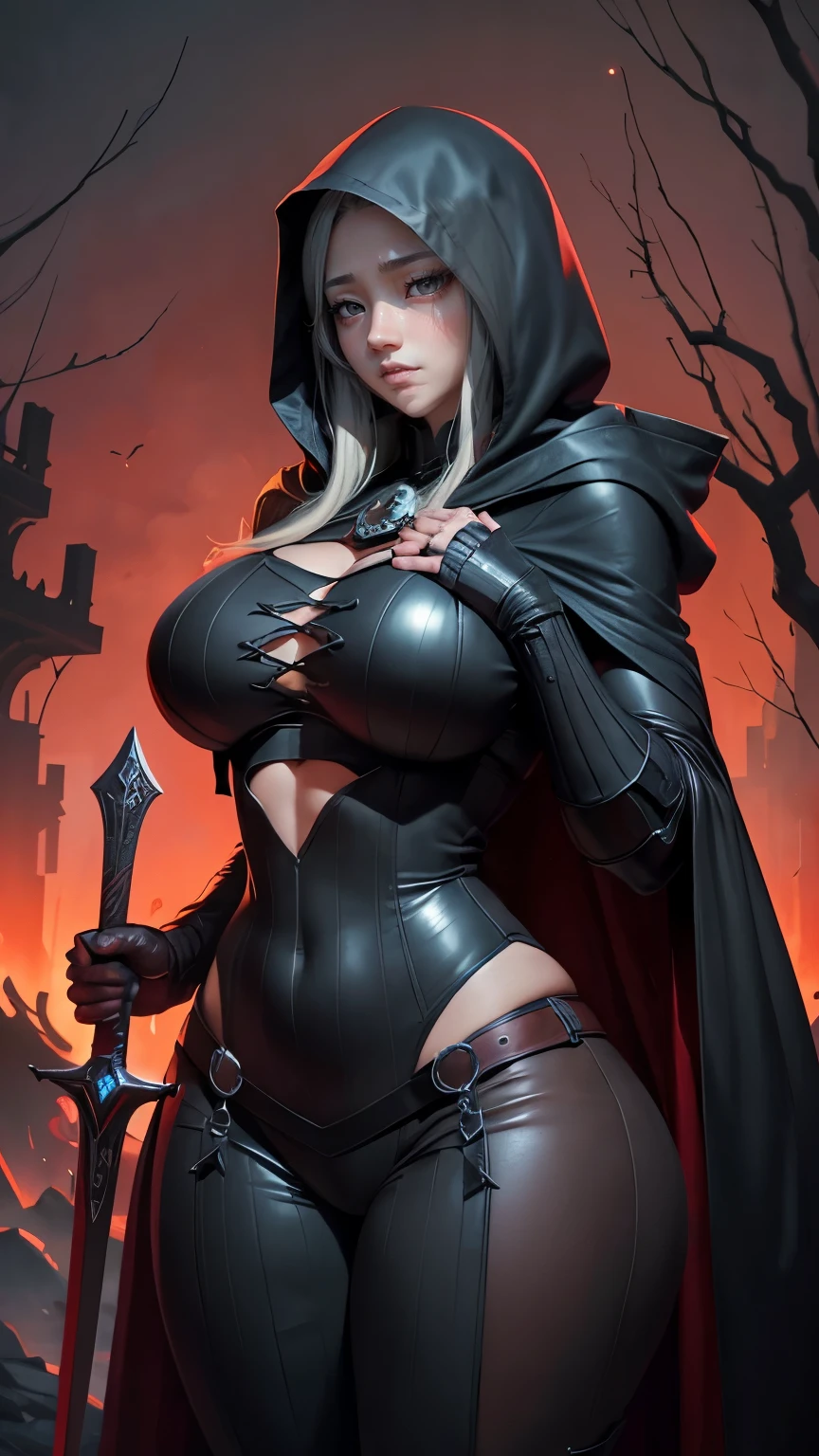 Scarlett Johansson in long nude cloak, hood, black cloak, rain, Dark style, cartoon style