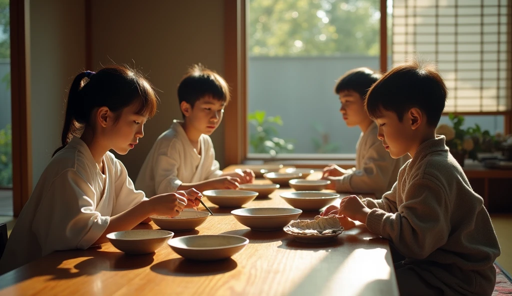 ((best quality)), ((masterpiece)), (detailed), 8 Japanese children sitting on chairs, making crafts, white background, photo taken from a distance