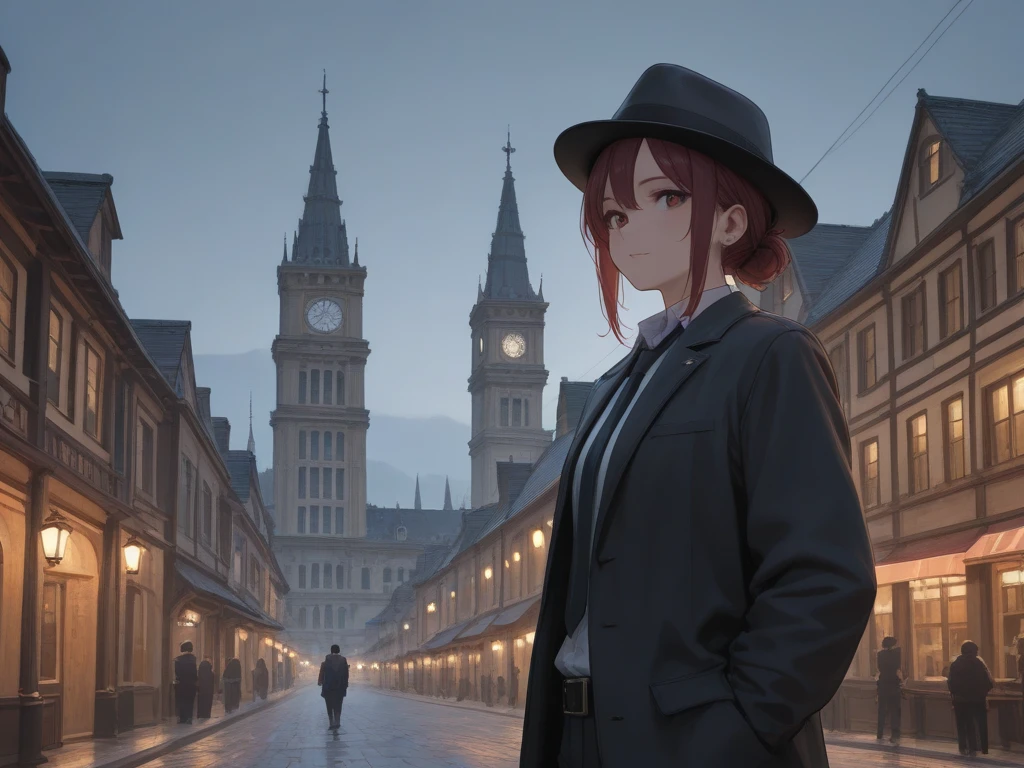 Girl, nazi general, army officer hat, Long Hair, Red Iris, Military Outfit, sadistic smile, hands behind back, night, empty street, eifel tower in back, anime