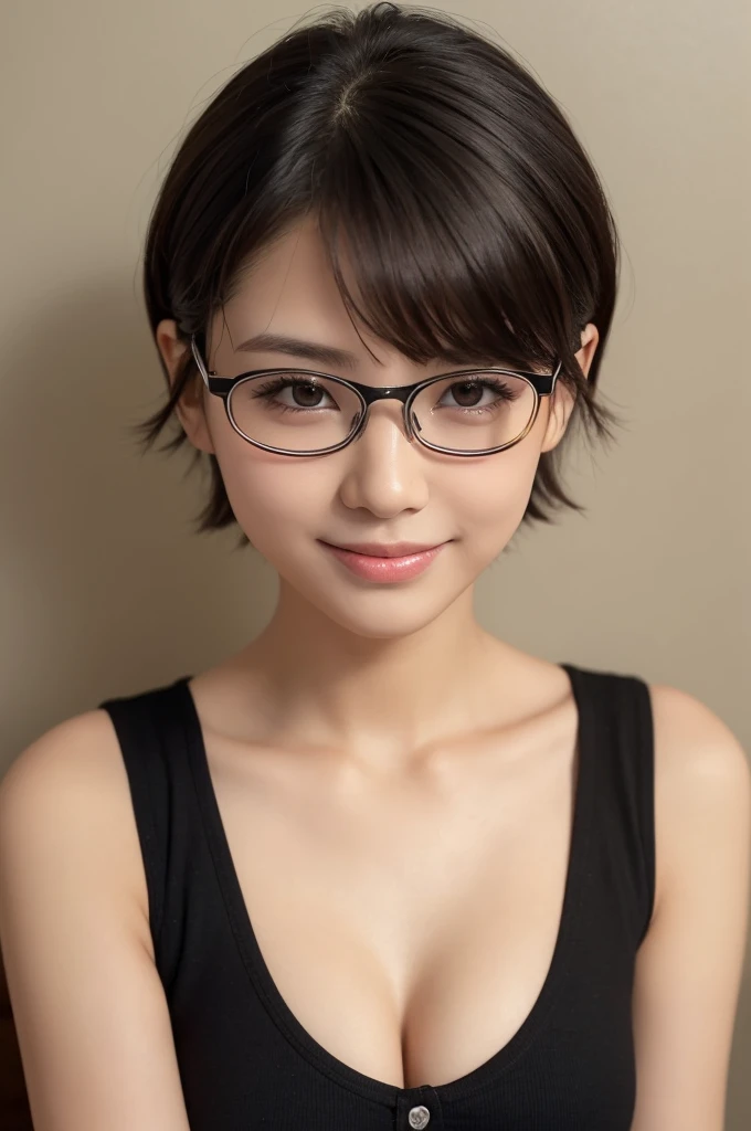 (masterpiece), (8k, best quality, high resolution), (ultra-detailed, realistic), (anatomically correct),
((from head to thighs)), (Standing), (No background),
(1woman), (looking at viewer),
(A Japanese woman, 30 years old and 155cm tall),
(black hair), (straight hair), (short hair style), (bob cut), (hair behind ears),
((she wears glasses with black cell-frame frames)),
((Simple design navy blue mini length spaghetti strap dress)),
(Create a detailed image of the eye),
(Her impression is pure, clean and kind.),
((A captivating smile, just showing a few teeth.)),