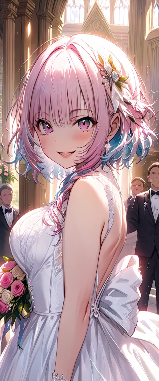 {{upper body}} {{Artist: sincos}} 1girl, cheerful and cute female, light pink hair hair, long curly hair, big doe red eyes, soft smile, curvy body, big breasts, beautiful historical gown, jewels and lace on dress, tiara, princess, pov, ballroom, people around, historical, good quality.