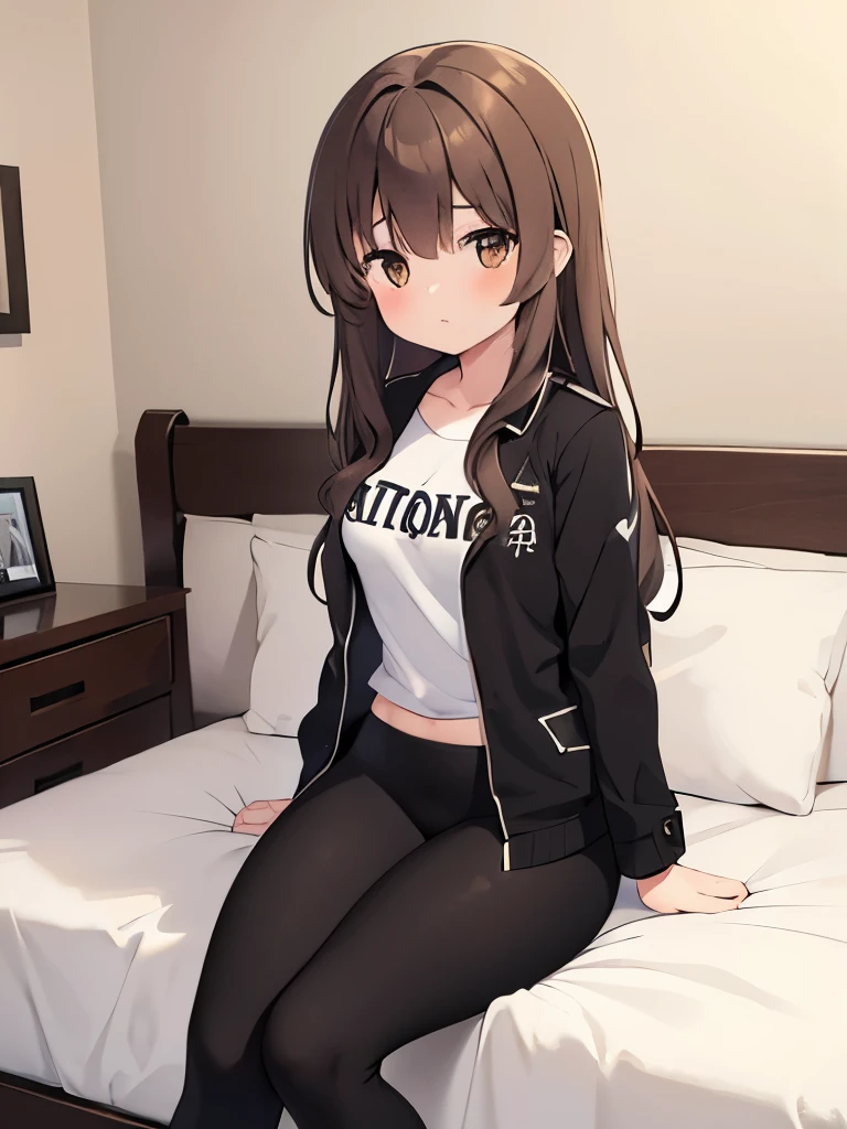1girl, 23 yro, cowboyshot, long brown hair, loose wispy layers, brown eyes, black jacket, tight-fitting leggings, sitting on the bed, laying on the bed, cute, absurdres, high res, ultrasharp, 8K, masterpiece