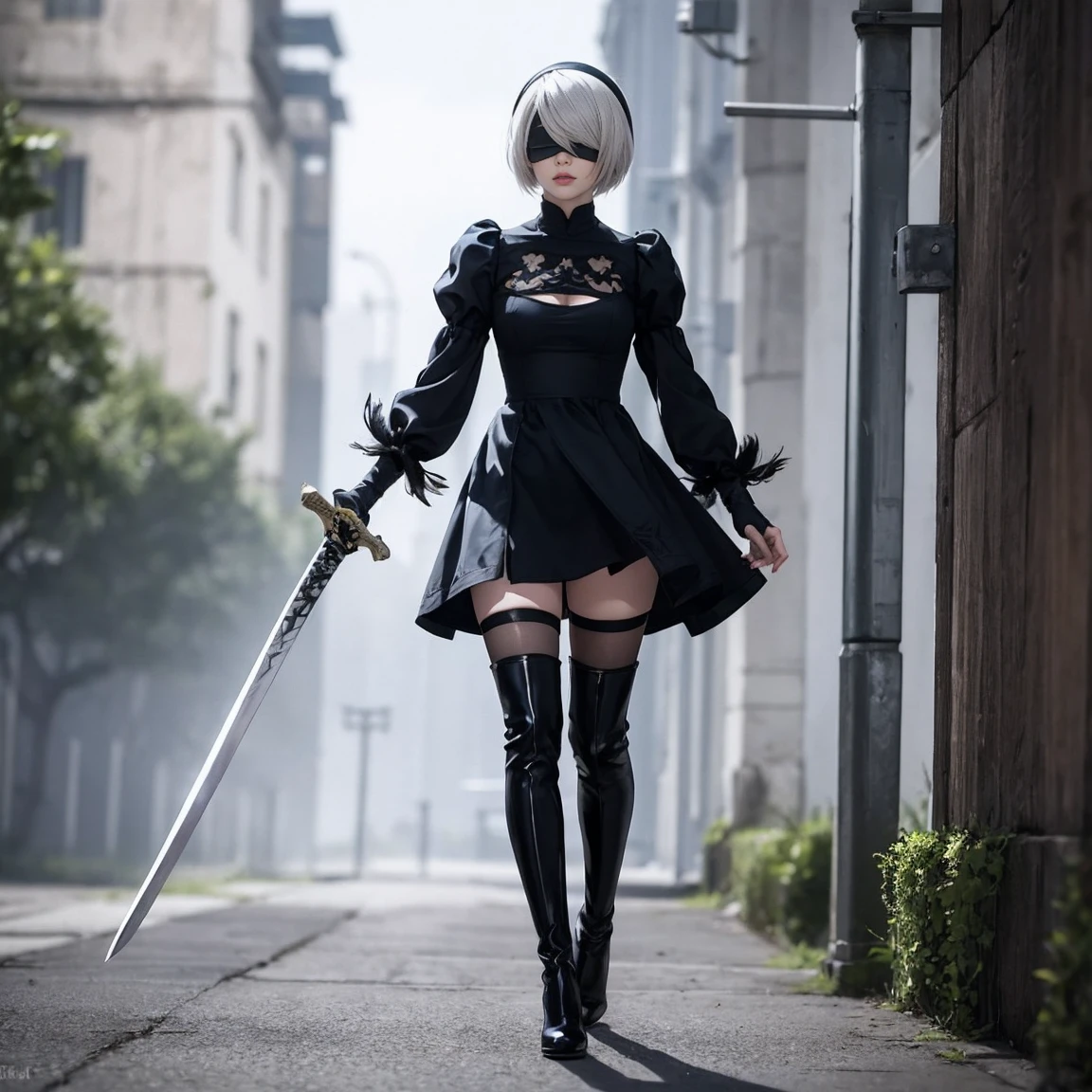 nier:Beautiful cosplay of 2B from Automata、A woman cosplaying as 2B、White skin、tall、可likeい顔、21 years old、Englishman、nier:2B's black costume from Automata、Light background、Fantasyな教会を背景に、Standing tall in the middle of the church、Shooting from a diagonal angle、masterpiece、highest quality、high resolution、Fantasy、Glare、Anime Cosplay Makeup、Real Cosplay Photo、Cool photos、Full body portrait、handsome pose、Wrapped in the pale glow of the morning sun、like、happiness、Kindness、Smoothly rendered