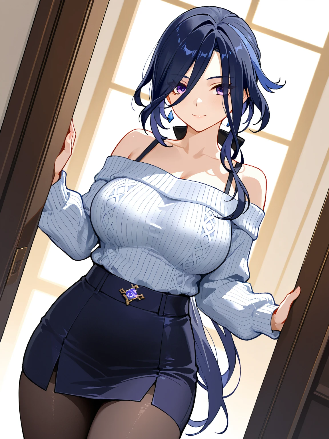 (wallpaper,8k), (masterpiece, Beautiful lighting, Vibrant, highest quality), 1 female, alone, Short black hair, Messy Hair , One-shoulder knit sweater dress, indoor, night:1.8, Super big boobs、bedroom