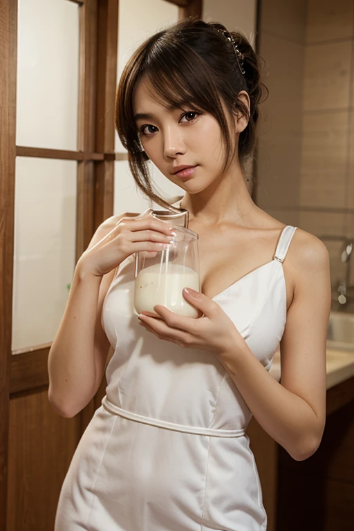 (best quality:1.2), (masterpiece:1.2), full body, very detailed, high resolution, 8k, ((1 girl)), cute Japanese woman, cute 24 year old beauty, slim body, (slightly saggy medium breasts), thin lips, detailed face, Beautiful and elegant face, cute face, natural bangs, arched eyebrows, well-groomed eyebrows, (big eyes with a good balance between the left and right sides), cute eyes, beautiful eyes, beautiful thin nose, beautiful face line, (beautiful skin), one side up hair, half updo hair, curly hair, natural bangs, slim face, slim figure, (looking at the camera with a gentle smile), beautiful legs, smooth skin , slim and beautiful thighs, side tie panties, cute and sexy slim 24 year old woman, fair skin , Beautiful breasts, medium breasts, I-type Valley, cleavage, (Slender and slim body:1.5), (Slim waist), (slim hips), medium hair, ((slim Butt)), ((Towel over breasts)), Naked with sexy panties, (Towel over breasts:1.5), (side tie sexy panties), (very sexy panties with lace), Girl drinking milk in the dining room, glass of milk, Milk bottle, Holding milk in hand,