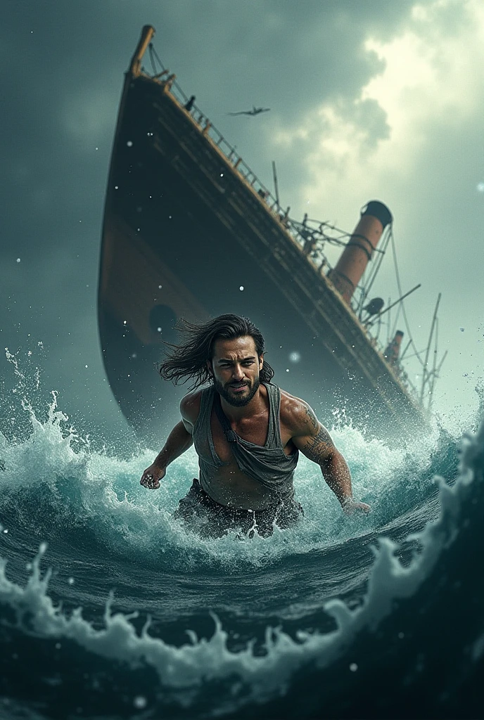 A man suddenly falls into an ancient sea from a boat and the boat sinks but the man try to survive by swimming and he found a wood piece and he climbed on the wood piece. The sea was very turbulent. The video will be 3d animated or fantasy and cinematic.