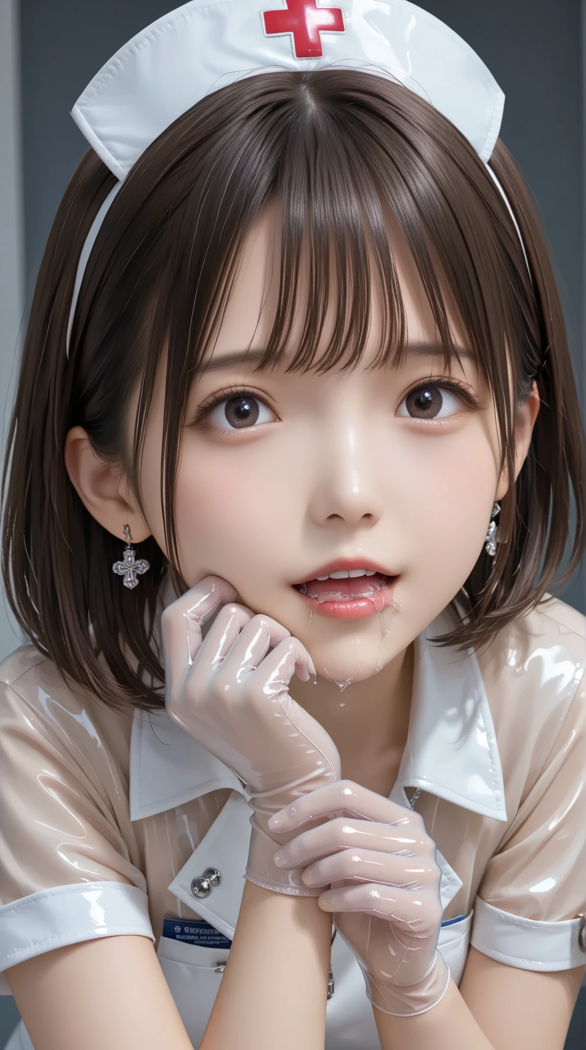 Highest quality, masterpiece, Ultra-high resolution,8k, (Realistic:1.6), (Close-up portrait:1.4) RAW Photos, ((Boyish fashion)),((Up Facial)),1 person,Adult women,(Full of smiles, Showing teeth)), ,((Silver pixie cut hairstyle)),((Looking up at the audience)),Face Focus:1.4,((Shooting from above with a fisheye lens:1.4)),