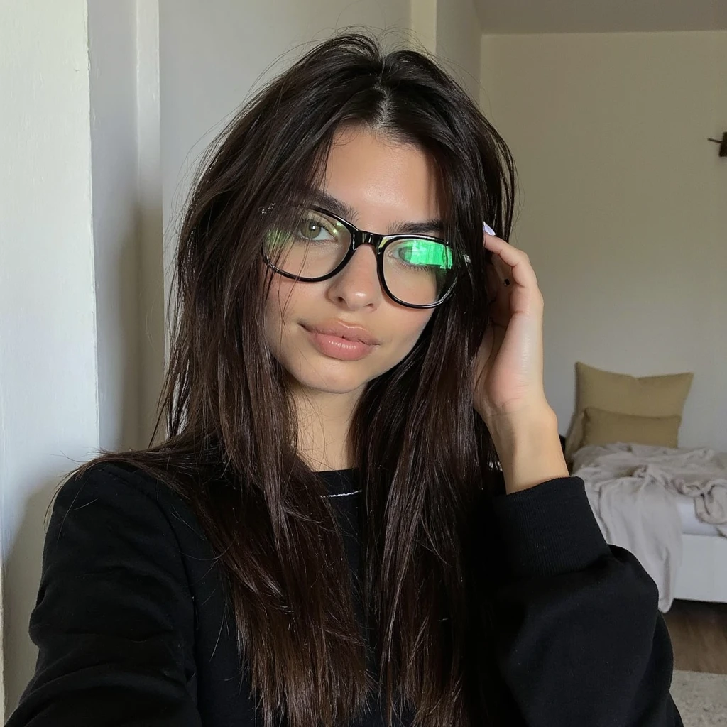  S3lfi3 1girl, solo, green eyes and black brown ombre very long hair, long hair, dressed in a stylish black t-shirt with long sleeves, photo beside a wall suggests a clean, in a room minimalistic aesthetic that allows her features and outfit to stand out, without any makeup, small lips smile, clarity photo, hd, long black hair, in a room, messy long hair, selfie photo, cute smile, wearing black eyeglasses, with a hand through hair, white nails, hd quality 