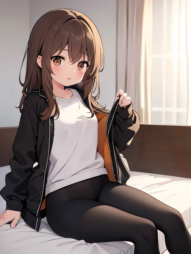 1girl, 23 yro, cowboyshot, long brown hair, loose wispy layers, brown eyes, black jacket, tight-fitting leggings, sitting on the bed, laying on the bed, cute, absurdres, high res, ultrasharp, 8K, masterpiece