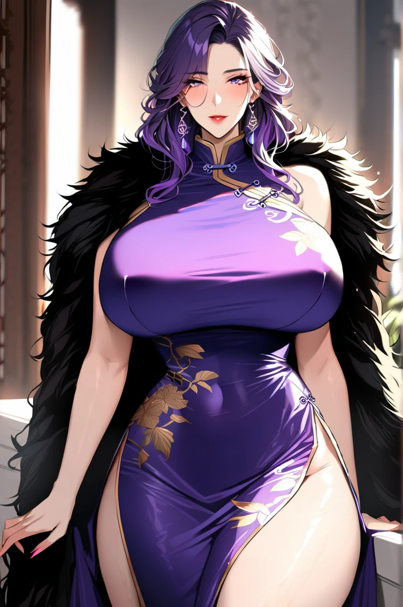 solo, centered, Ultra-detailed, vibrant colors, snowfield background, darkness, falling petals, 1girl, mature female, queen mother, dancing, confident, arrogant, standing, mean, open mouth, wicked laugh, large breasts, voluptuous, cleavage, tall, big ass, slim thick, small waist, slim thin arms, (knight armor), ribbon, handbag, purse, long purple ponytail hair, luxurious jewelries, expensive necklaces, pearls, pendant, bracelets, earrings, crown, detailed eyes, red glowing eyes, looking at viewer, from below, depth of field, cinematic lighting, close-up, masterpiece, anatomically correct,