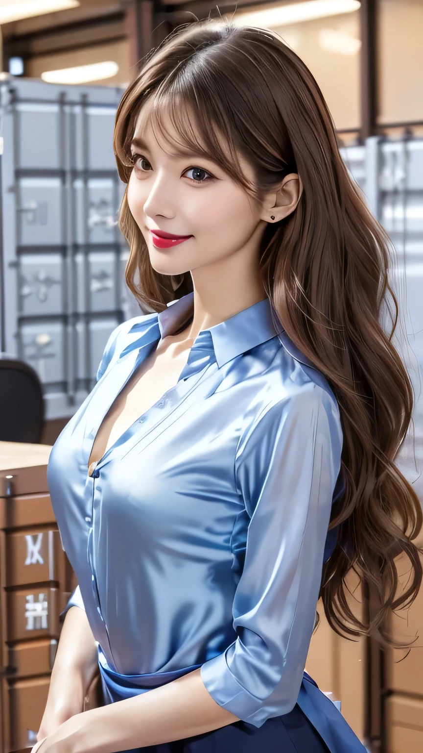 very detailed, masterpiece , best quality , (( Photorealistic:1.4)), ((skinny body:1.4))、(((Oupon、Light Blue Silk Office Shirts、)))、30 year old Japanese fashion model , detailed face 、((makeup、lipstick)) 、(( crunchy flat chest))、((light brown hair 、tousled wave long hair:1.3、 asymmetry)), graceful and sophisticated 、((from waist to head with camera))、((fresh smile))、((Professional Cool Writing))、((container storage:1.2))、from the side